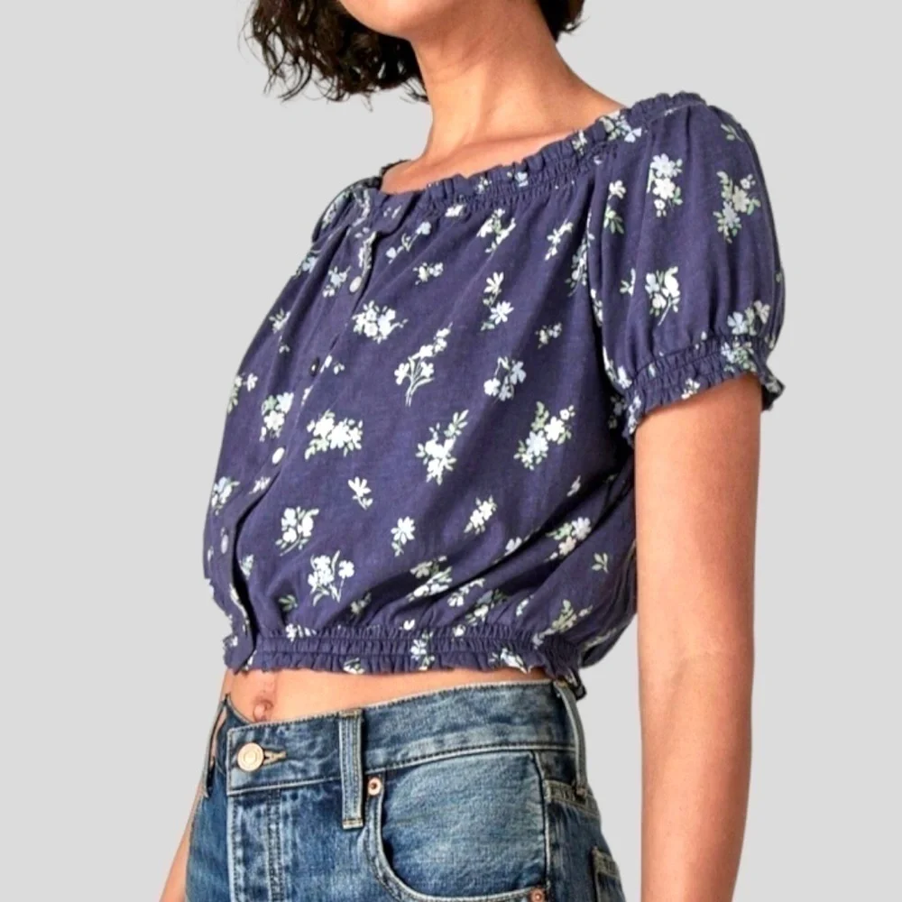 LUCKY BRAND Blue Floral On/Off Shoulder Bubble-Hem-Waist Peasant Top NWT/Lg